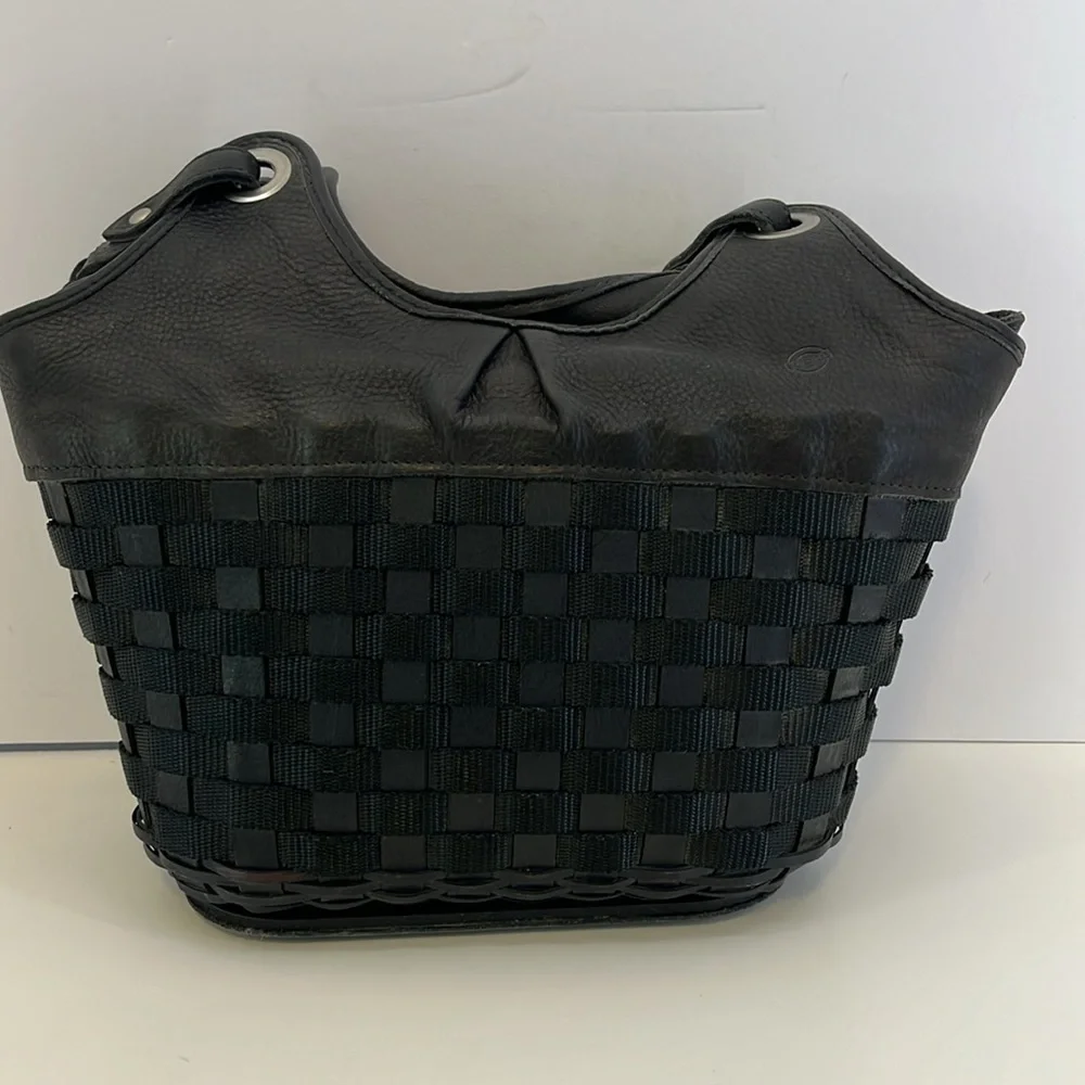 Longaberger Black Leather, Nylon & Wood Basket Weave Purse w/ Silver Tone Trim